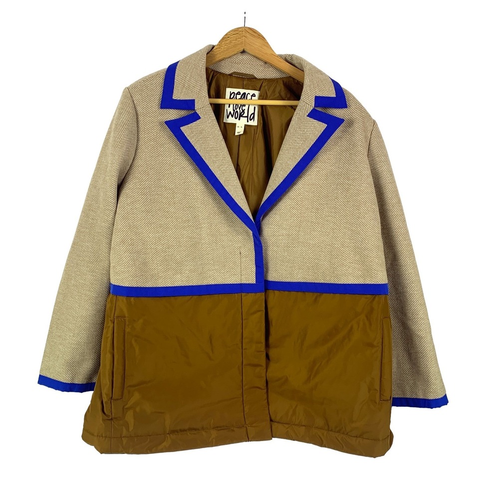 Peace Love World Mixed Media Blazer Jacket Womens Sz XL Brown Blue Color Block